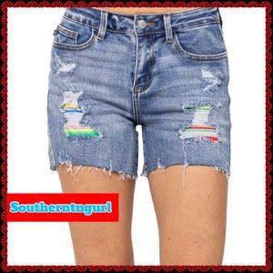 NWT JUDY BLUE Distressed Serape Patch Mid Rise Shorts
